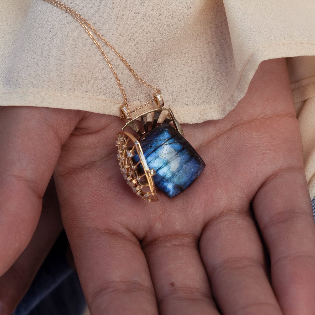 Labradorite Sun & Diamonds Locket Necklace in 14k Solid Gold