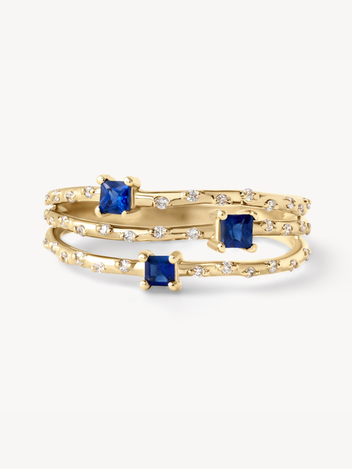 Princess Cut Sapphire Three Band Ring in 14K Yellow Gold | Audry Rose