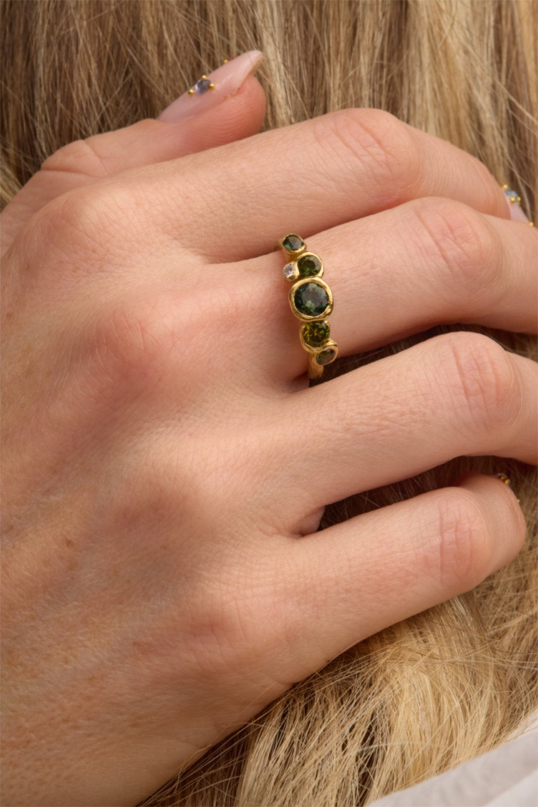 Emily Nixon Green Round Sapphire White Round Diamond Cluster Ring