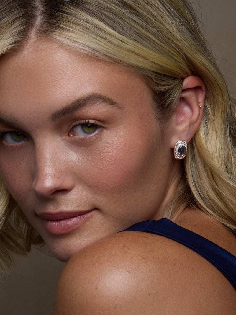 Ceylon Sapphire Bezel Halo Earrings