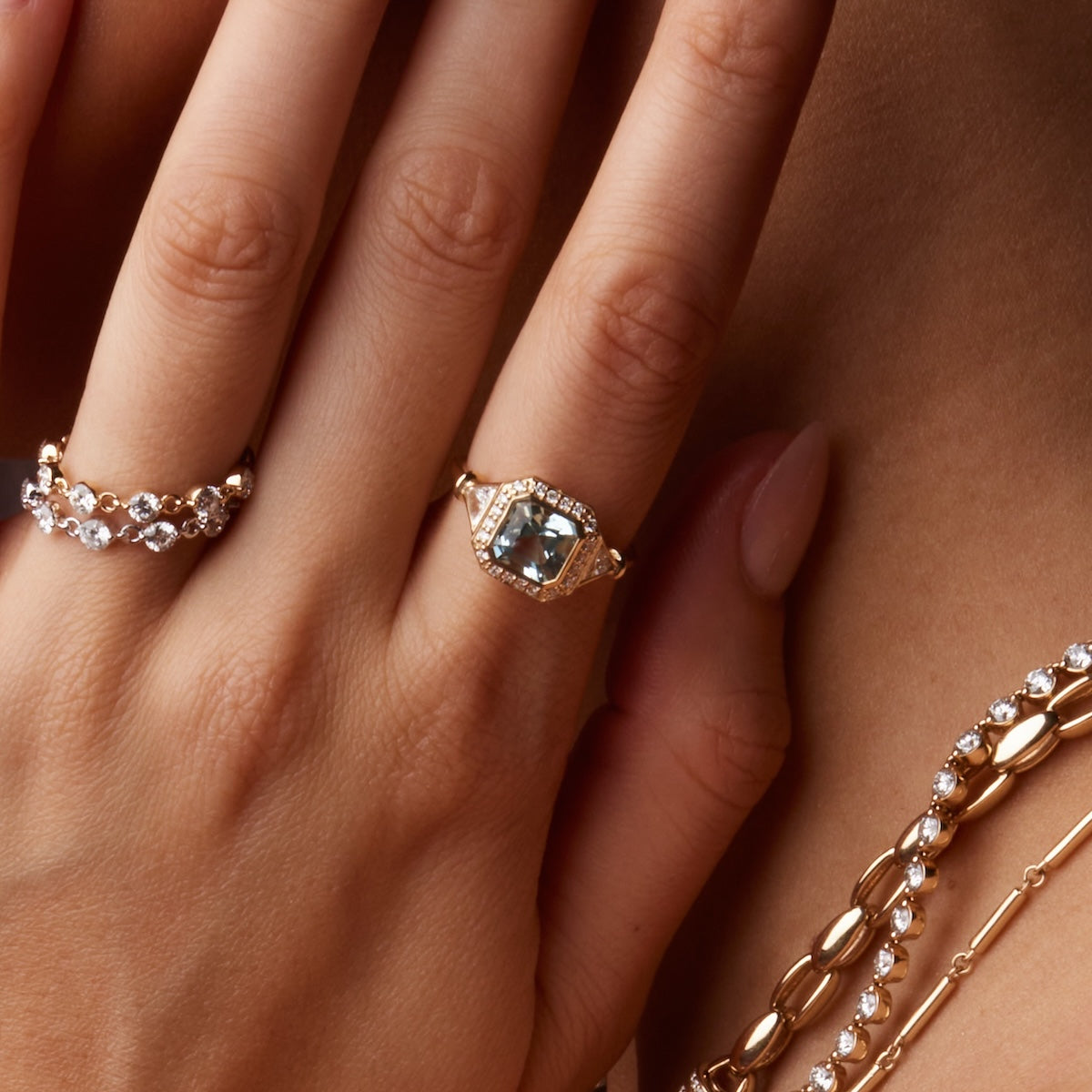 Aquamarine and Diamond Halo Ring in 14K Yellow Gold | Audry Rose