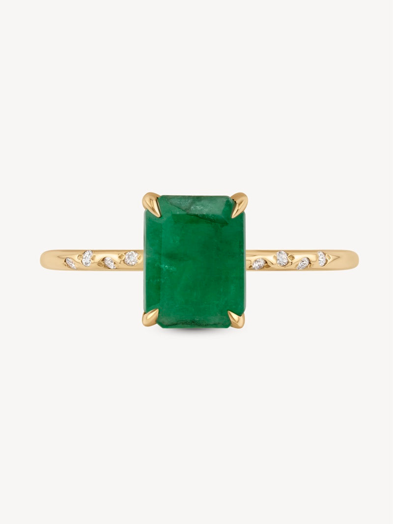 emerald green dress ring Emerald Engagement Ring Solitaire With Diamond Hidden Halo Solid Band 14k rose gold / 8x6 / Diamond Band (2.0mm)